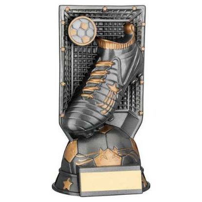 GUNMETAL GREY/GOLD FILLED PLASTIC FOOTBALL BOOT ON NET & PLATE