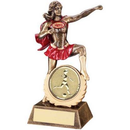 BRZ/GOLD/RED RESIN HERO AWARD WITH FEMALE FOOTBALL INSERT AND PLATE