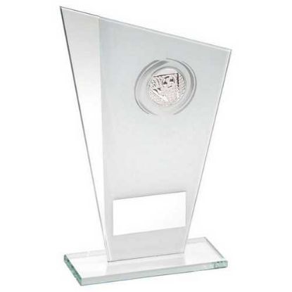 WHITE/SILVER PRINTED GLASS PLAQUE WITH FOOTBALL INSERT AND PLATE