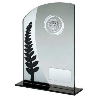 JADE GLASS PLAQUE WITH BLACK/SILVER DETAIL AND FOOTBALL INSERT AND PLATE - 7.25"
