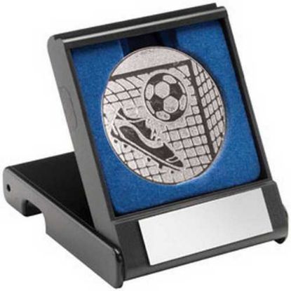 BLACK PLASTIC BOX WITH FOOTBALL INSERT TROPHY SILVER