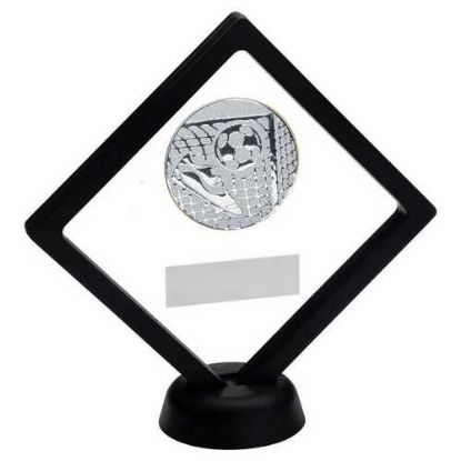 BLACK/CLEAR PLASTIC BOX WITH FOOTBALL INSERT TROPHY SILVER