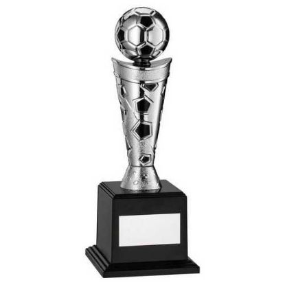 SILVER/BLACK PLASTIC FOOTBALL FIGURE ON BASE