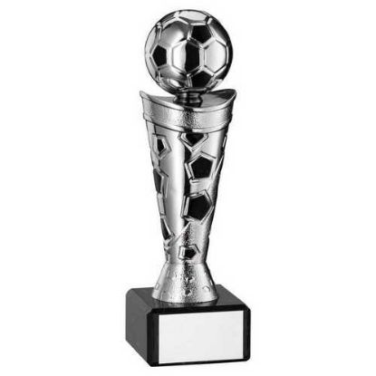 SILVER/BLACK PLASTIC FOOTBALL FIGURE ON BLACK MARBLE TROPHY