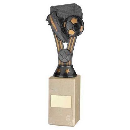 PEWTER/GOLD PLASTIC WEMBLEY FIGURE ON CREAM MARBLE TROPHY