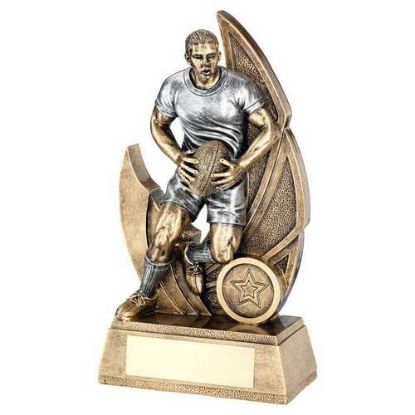 BRZ/PEW MALE RUGBY FIGURE ON BACKDROP WITH PLATE