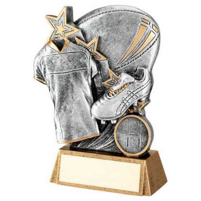PEW/GOLD RUGBY BALL WITH BOOT/SHIRT ON BRZ BASE WITH PLATE