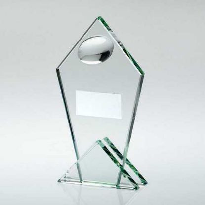 JADE GLASS POINTED PLAQUE WITH HALF RUGBY BALL AND PLATE