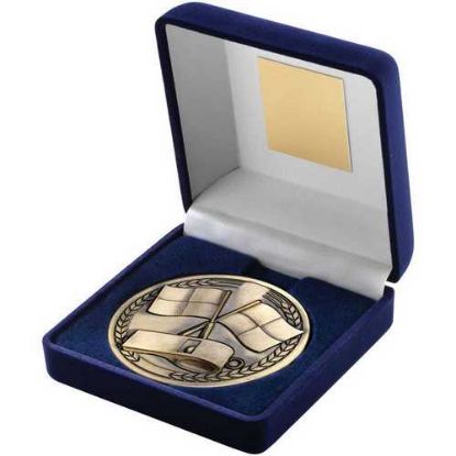 BLUE VELVET BOX AND ANTIQUE GOLD MEDALLION REFEREE TROPHY