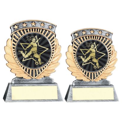 PEW/GOLD 5 STAR HOLDER WITH VINYL FEMALE FOOTBALL INSERT & PLATE