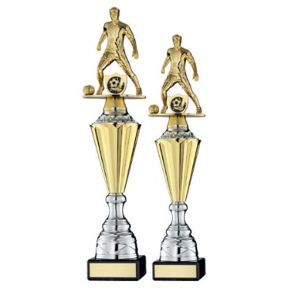 GOLD PLASTIC MALE FOOTBALL FIGURE ON GOLD/SILVER TROPHY