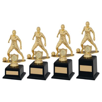 GOLD/BLACK PLASTIC FEMALE FOOTBALL FIGURE ON FILLED BASE