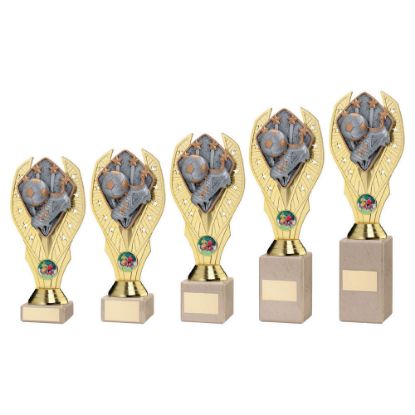 GOLD PLASTIC HOLDER + FOOTBALL DISC ON CREAM MARBLE TROPHY