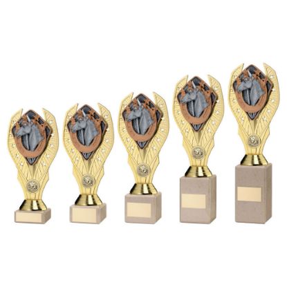 GOLD PLASTIC HOLDER + HORSE DISC ON CREAM MARBLE TROPHY
