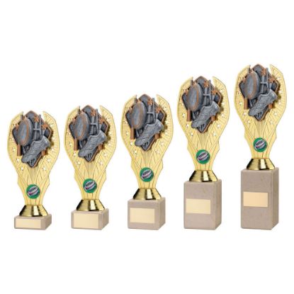 GOLD PLASTIC HOLDER + RUGBY DISC ON CREAM MARBLE TROPHY