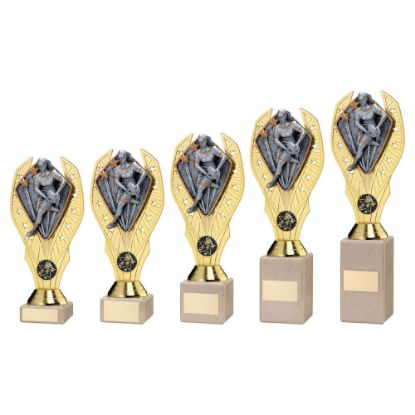 GOLD PLASTIC HOLDER + FEMALE RUGBY DISC ON CREAM MARBLE TROPHY