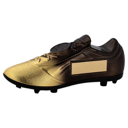 FILLED PLASTIC FOOTBALLL BOOT IN GOLD/BLACK WITH PLATE (1" CEN)