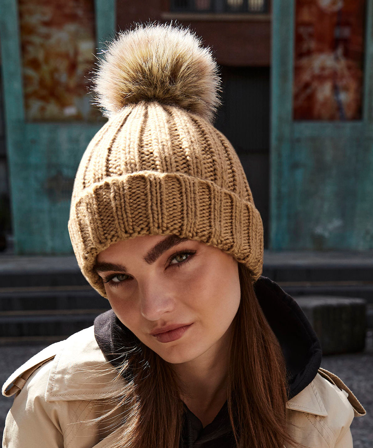 Beechfield BC412 Fur pop pom chunky beanie