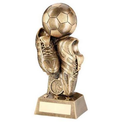BRZ/GOLD FOOTBALL AND BOOTS ON COLUMN RISER WITH PLATE