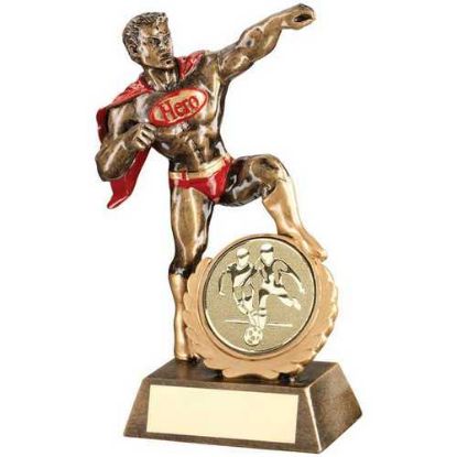 BRZ/GOLD/RED RESIN HERO AWARD WITH MALE FOOTBALL INSERT AND PLATE