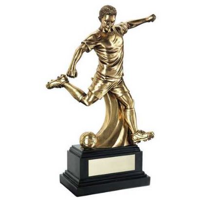 ANTIQUE GOLD PREMIUM MALE FOOTBALL FIGURE ON BLACK BASE WITH PLATE