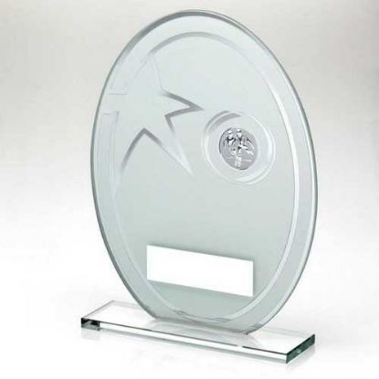 WHITE/SILVER PRINTED GLASS OVAL WITH FOOTBALL INSERT AND PLATE