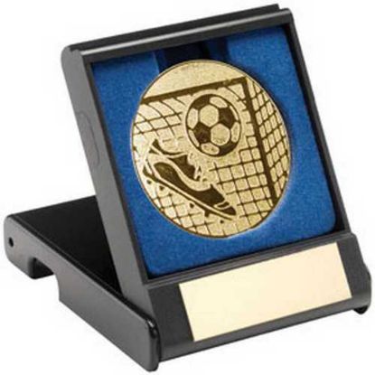 BLACK PLASTIC BOX WITH FOOTBALL INSERT TROPHY GOLD