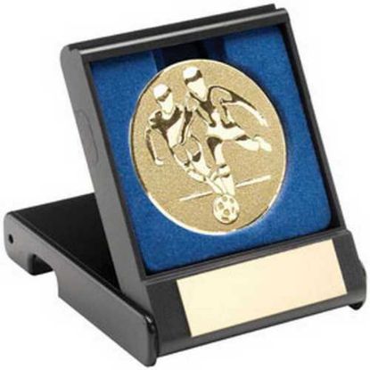 BLACK PLASTIC BOX WITH FOOTBALL PLAYERS INSERT GOLD