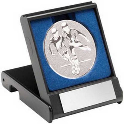 BLACK PLASTIC BOX WITH FOOTBALL PLAYERS INSERT SILVER