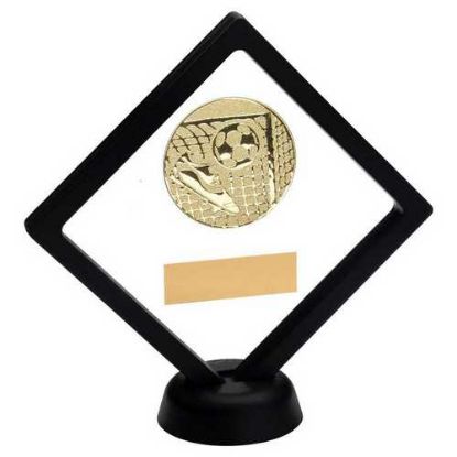 BLACK/CLEAR PLASTIC BOX WITH FOOTBALL INSERT TROPHY GOLD