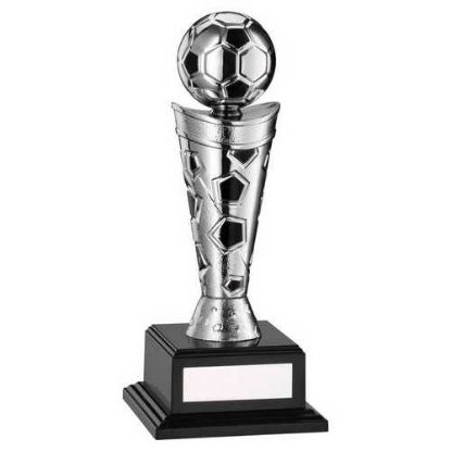SILVER/BLACK PLASTIC FOOTBALL FIGURE ON BASE