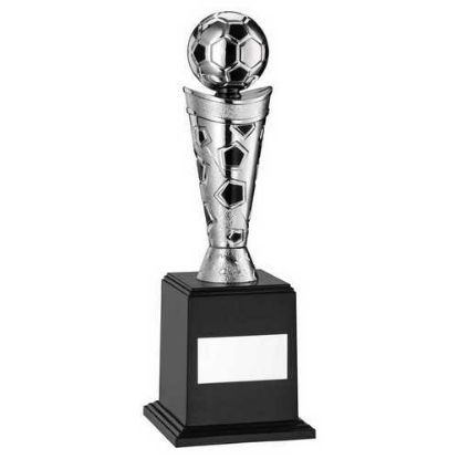 SILVER/BLACK PLASTIC FOOTBALL FIGURE ON BASE