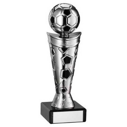 SILVER/BLACK PLASTIC FOOTBALL FIGURE ON BLACK MARBLE TROPHY