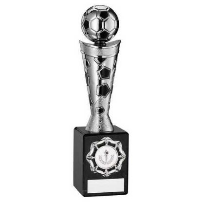 SILVER/BLACK PLASTIC FOOTBALL FIGURE ON BLACK MARBLE TROPHY