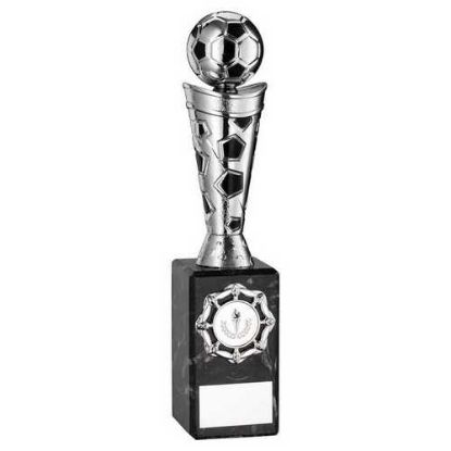 SILVER/BLACK PLASTIC FOOTBALL FIGURE ON BLACK MARBLE TROPHY