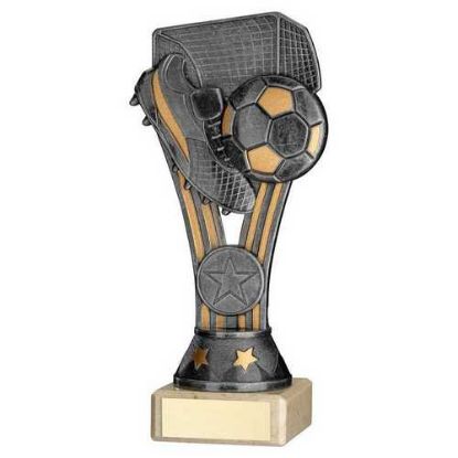 PEWTER/GOLD PLASTIC WEMBLEY FIGURE ON CREAM MARBLE TROPHY