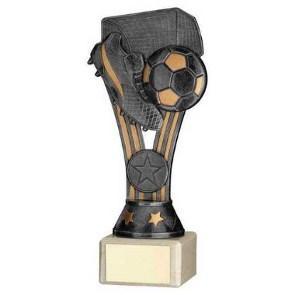PEWTER/GOLD PLASTIC WEMBLEY FIGURE ON CREAM MARBLE TROPHY