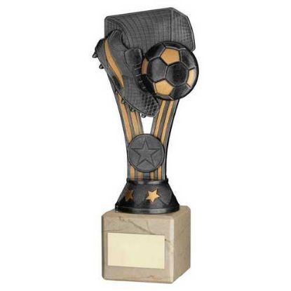 PEWTER/GOLD PLASTIC WEMBLEY FIGURE ON CREAM MARBLE TROPHY