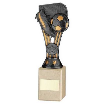 PEWTER/GOLD PLASTIC WEMBLEY FIGURE ON CREAM MARBLE TROPHY