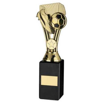 GOLD/BLACK PLASTIC WEMBLEY FIGURE ON BLACK MARBLE TROPHY