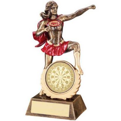 BRZ/GOLD/RED RESIN FEMALE 'HERO' AWARD WITH DARTS INSERT