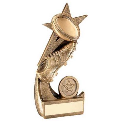 BRZ/GOLD RUGBY BALL AND BOOT ON SHOOTING STAR WITH PLATE