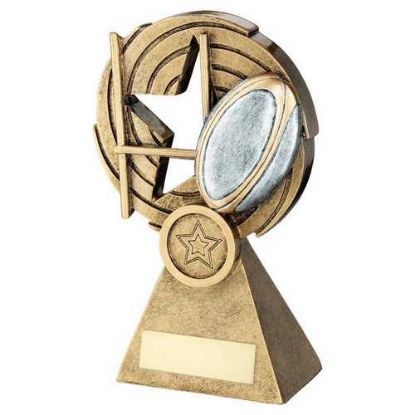 BRZ/PEW/GOLD RUGBY BALL AND POSTS ON HOLED SPIRAL WITH PLATE