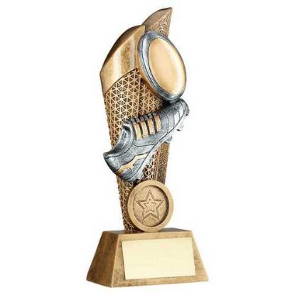 BRZ/PEW/GOLD RUGBY BALL AND BOOT ON MESH BACKDROP WITH PLATE