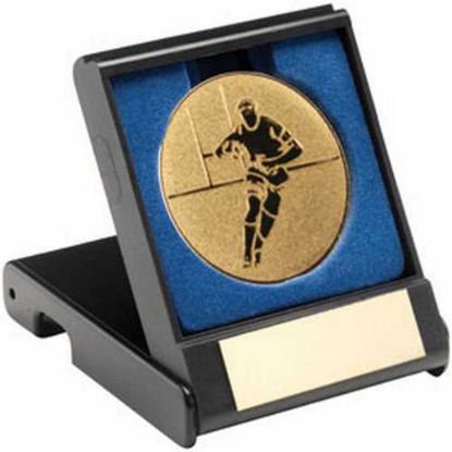 BLACK PLASTIC BOX WITH RUGBY INSERT TROPHY GOLD