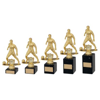 GOLD BLK PLASTIC MALE FOOTBALL FIGURE ON BLK MARBLE TROPHY