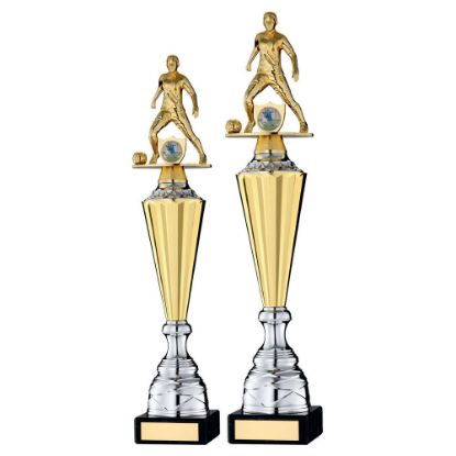 GOLD PLASTIC FEMALE FOOTBALL FIGURE ON GOLD/SILVER TROPHY