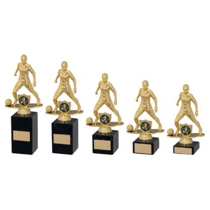 GOLD BLK PLASTIC FEMALE FOOTBALL FIGURE ON BLK MARBLE TROPHY