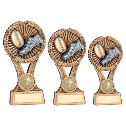 BRZ/GOLD/PEW RUGBY ROUND WREATH ON V RISER WITH PLATE