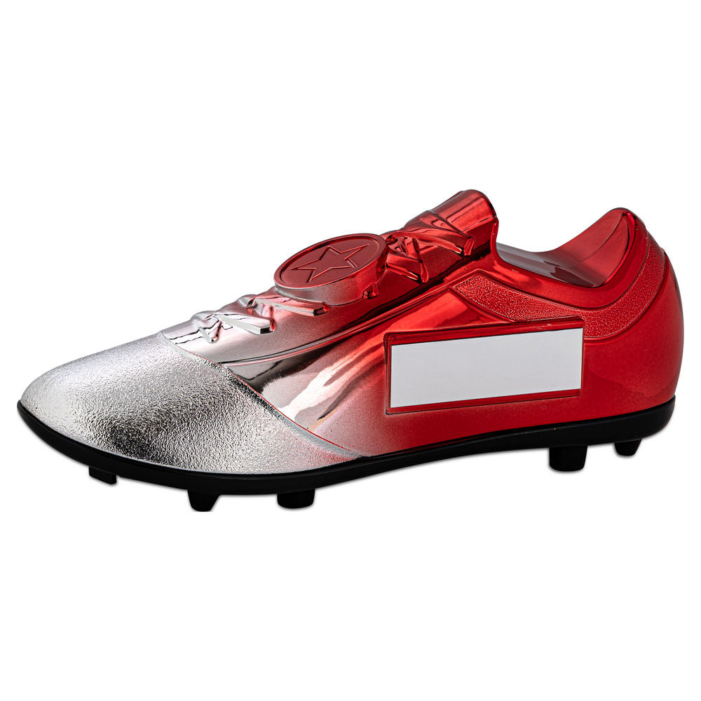 FILLED PLASTIC FOOTBALLL BOOT IN SILVER/RED WITH PLATE (1" CEN)